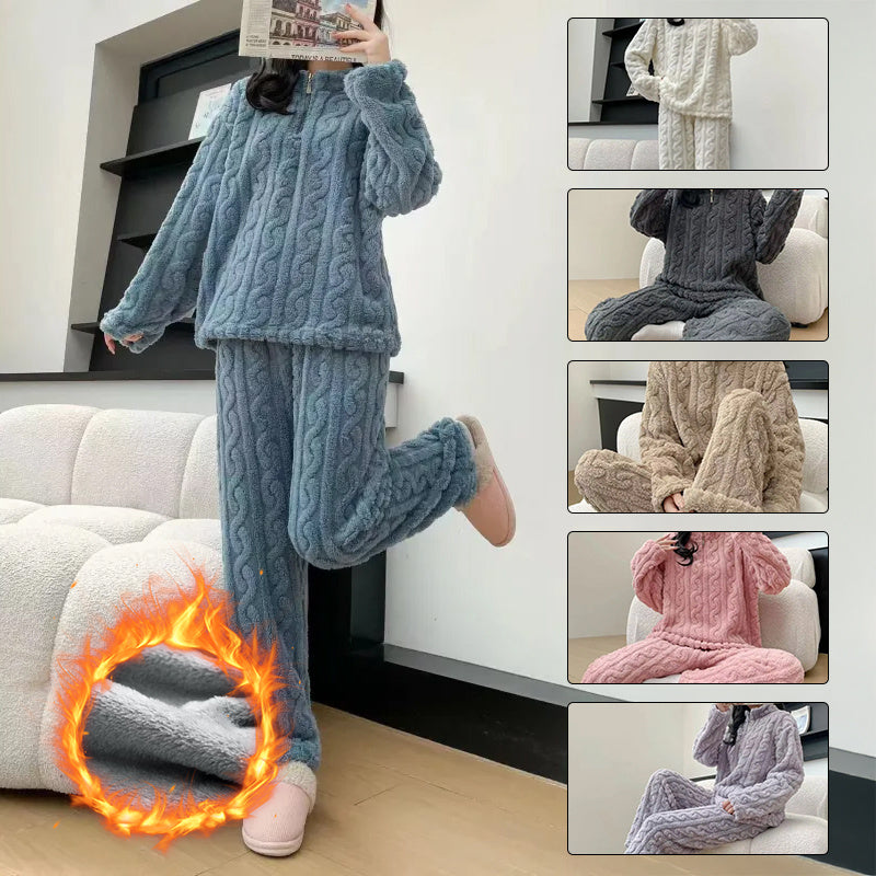 Autumn And Winter New Twist Zipper Couple Fleece-lined Thick Coral Fleece Pajamas Homewear Loungewear Sleepwear For Sleeping