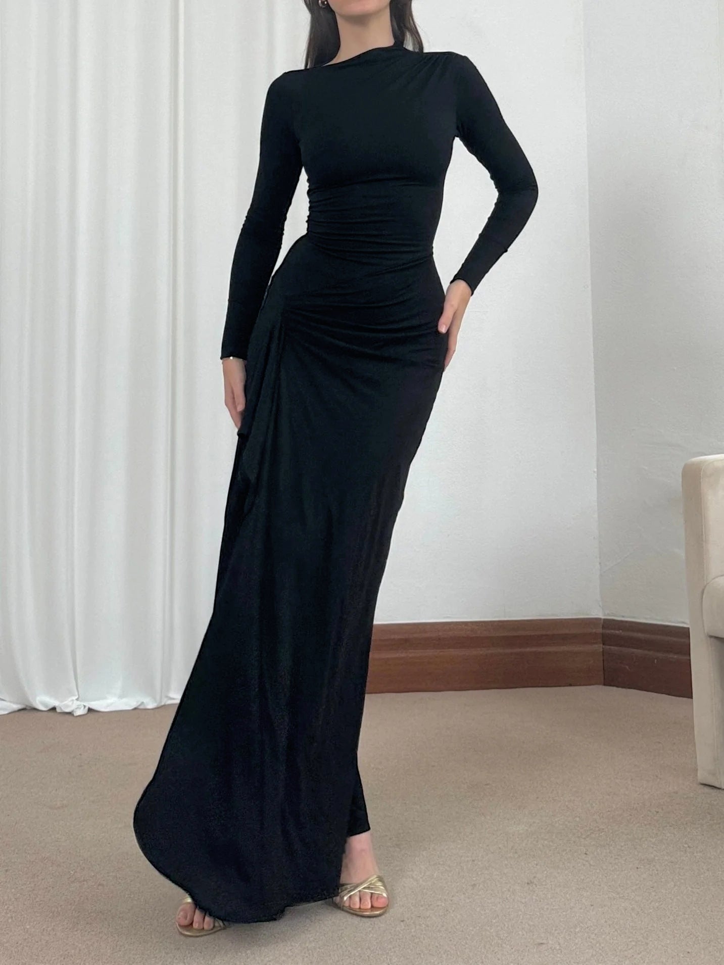 Slim-fitting Long-sleeved Asymmetric Split Dress Ins Fashion Solid Color Long Dresses For Women