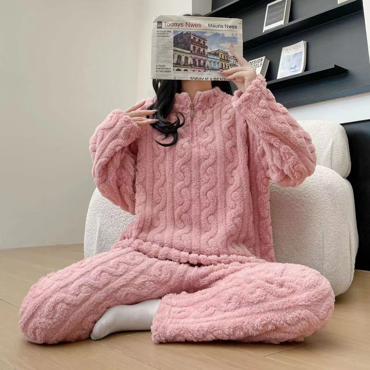 Autumn And Winter New Twist Zipper Couple Fleece-lined Thick Coral Fleece Pajamas Homewear Loungewear Sleepwear For Sleeping