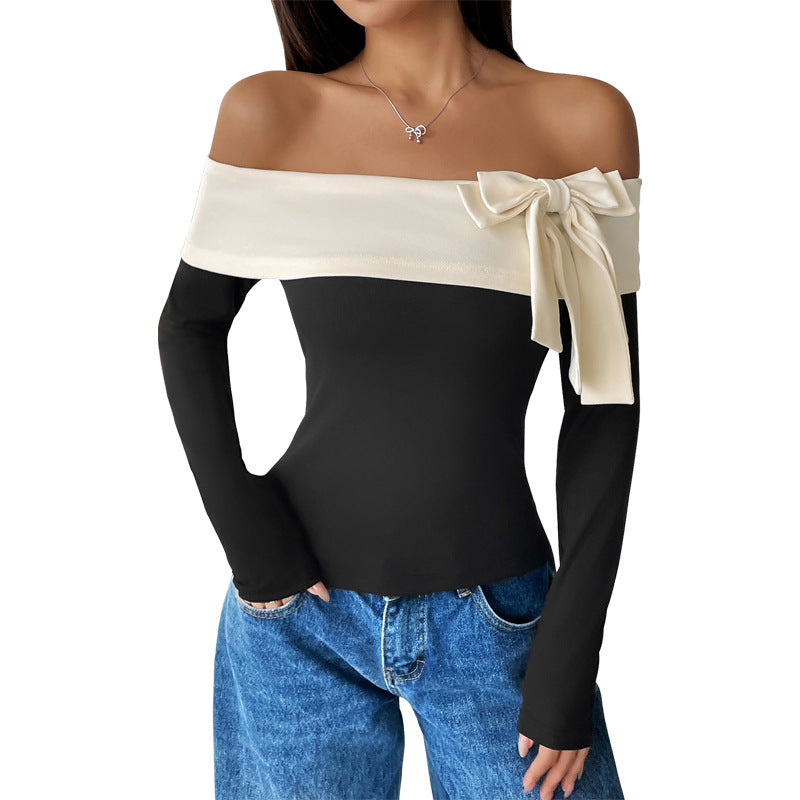 Women's Fashion Off-neck Bow T-shirt